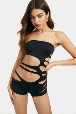 Solado Off Shoulder Cut Out Solid Backless Tube Bodysuit