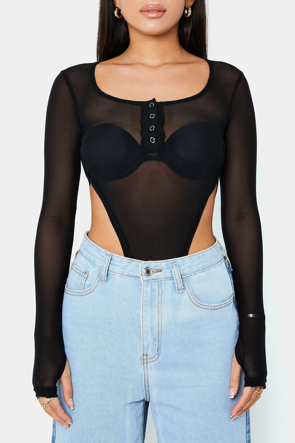 Solado Half Button Thumb Hole Long Sleeve Mesh Bodysuit Without Bra - Image 6