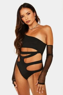 SOLADO One Shoulder Cut Out Sleeveless Bodysuit With Oversleeve