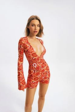 Solado Plunging Neck Floral Print Long Sleeve Romper Playsuit