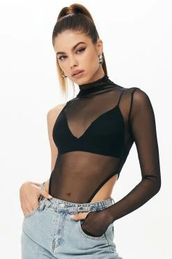 Solado High Neck Irregular Sleeve Mesh Bodysuit