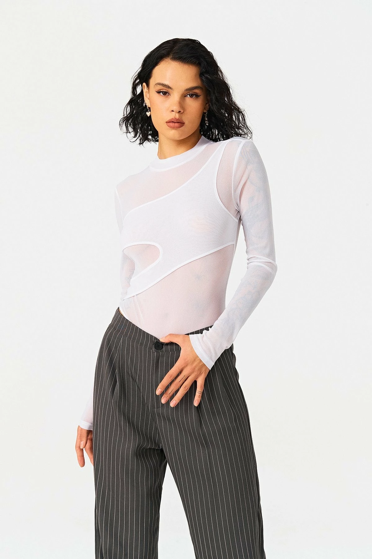 SOLADO Mock Neck Cut Out Mesh Long Sleeve Bodysuit - Image 2
