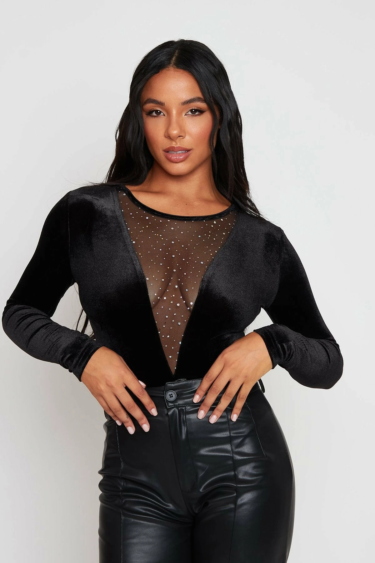 SOLADO Glitter Mesh Splicing Long Sleeve Velvet Bodysuit 6 SOLADO Glitter Mesh Splicing Long Sleeve Velvet Bodysuit - Image 6