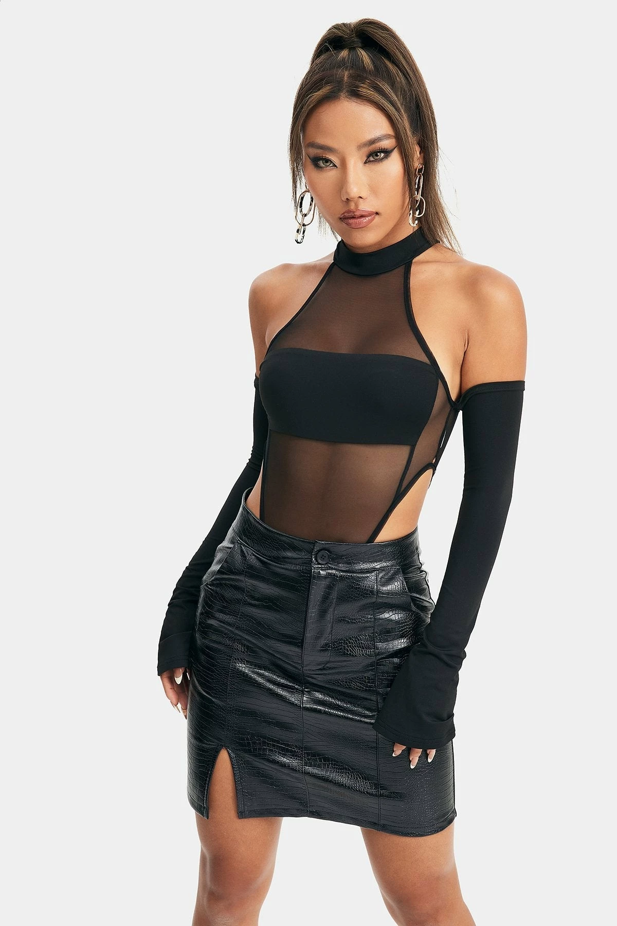 SOLADO Cold Shoulder Mesh Splicing Long Sleeve Bodysuit - Image 4