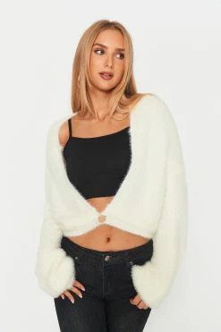 Solado Fluffy Single Button Long Sleeve Cardigan Without Cami Top