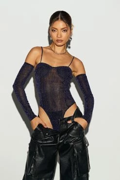 SOLADO Cami Strap Glitter Solid Bodysuit With Oversleeve