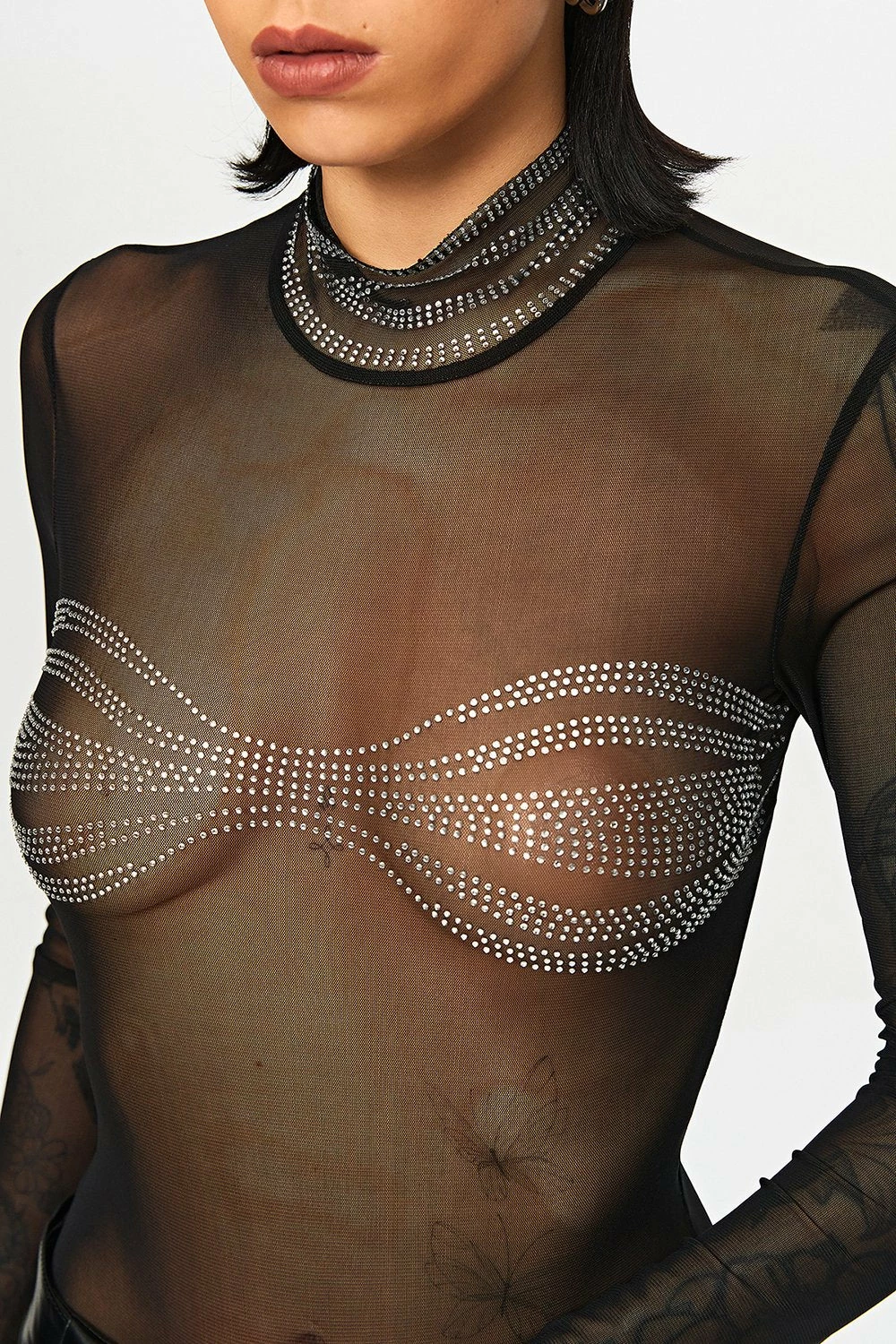 Solado High Neck Rhinestone Decor Long Sleeve Mesh Bodysuit - Image 5