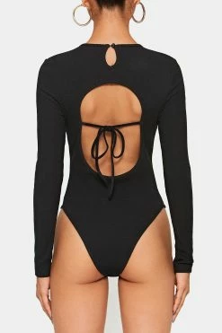 SOLADO Ribbed Open Back Tie Detail Long Sleeve Bodysuit