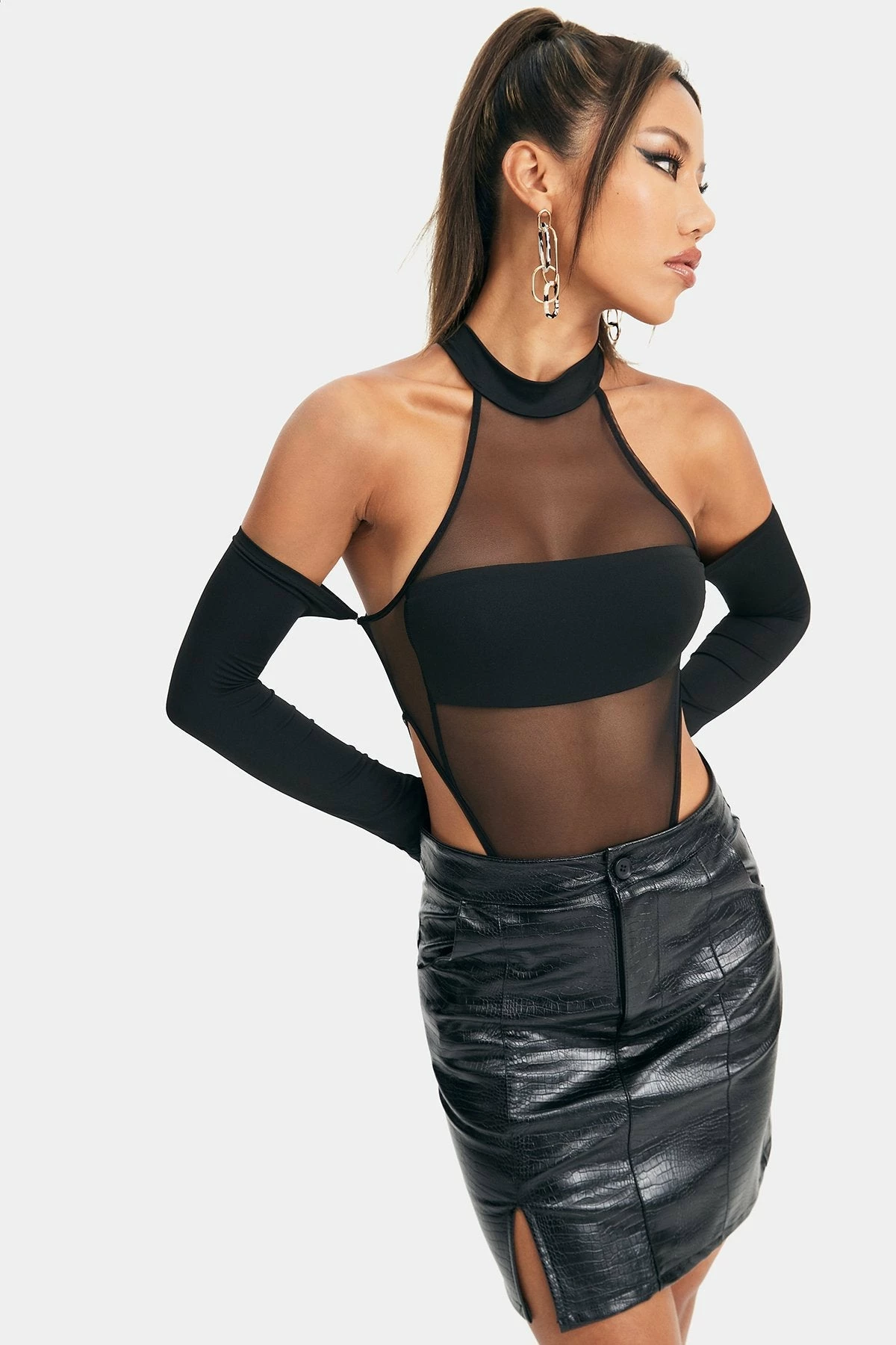 SOLADO Cold Shoulder Mesh Splicing Long Sleeve Bodysuit - Image 2