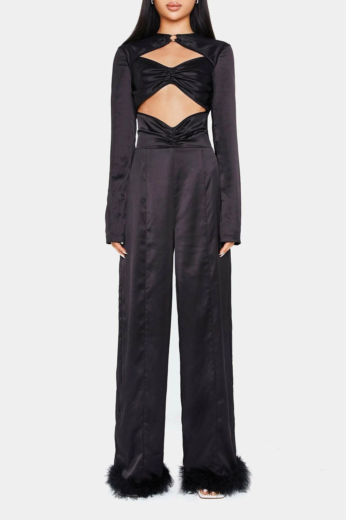 SOLADO Satin Cut Out Feather Hem Long Sleeve Jumpsuit 6 SOLADO Satin Cut Out Feather Hem Long Sleeve Jumpsuit - Image 6