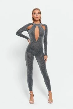 SOLADO Cut Out Sheen Long Sleeve Skinny Jumpsuit