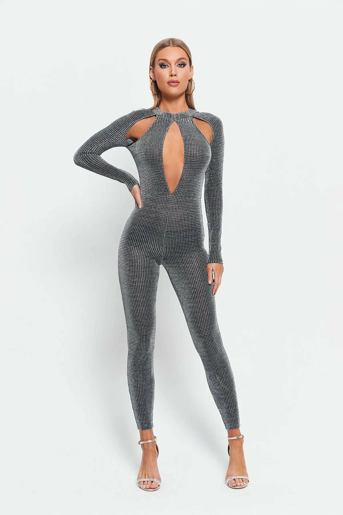 SOLADO Cut Out Sheen Long Sleeve Skinny Jumpsuit 1 SOLADO Cut Out Sheen Long Sleeve Skinny Jumpsuit