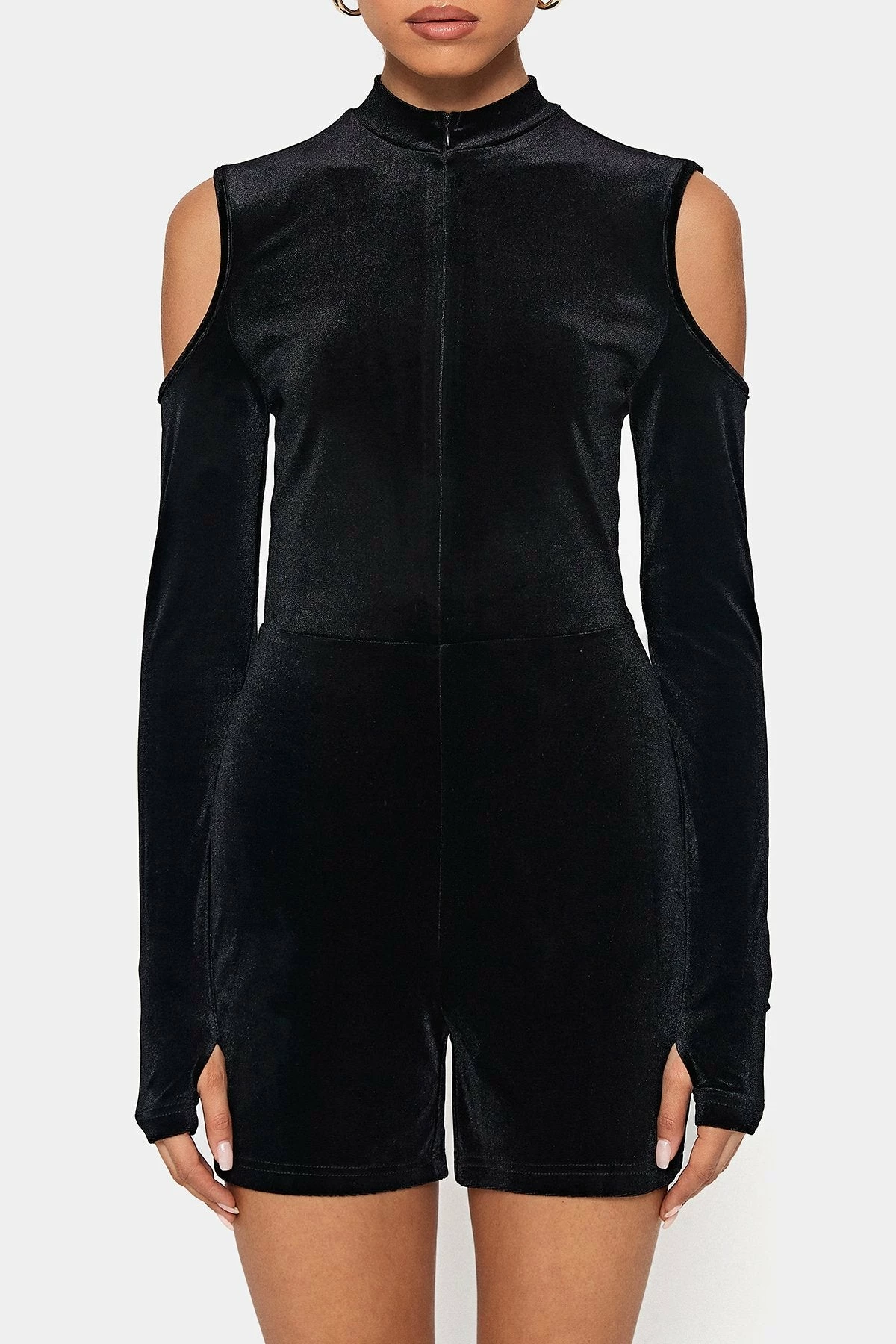 SOLADO Mock Neck Cold Shoulder Thumb Hole Romper Playsuit 6 SOLADO Mock Neck Cold Shoulder Thumb Hole Romper Playsuit - Image 6