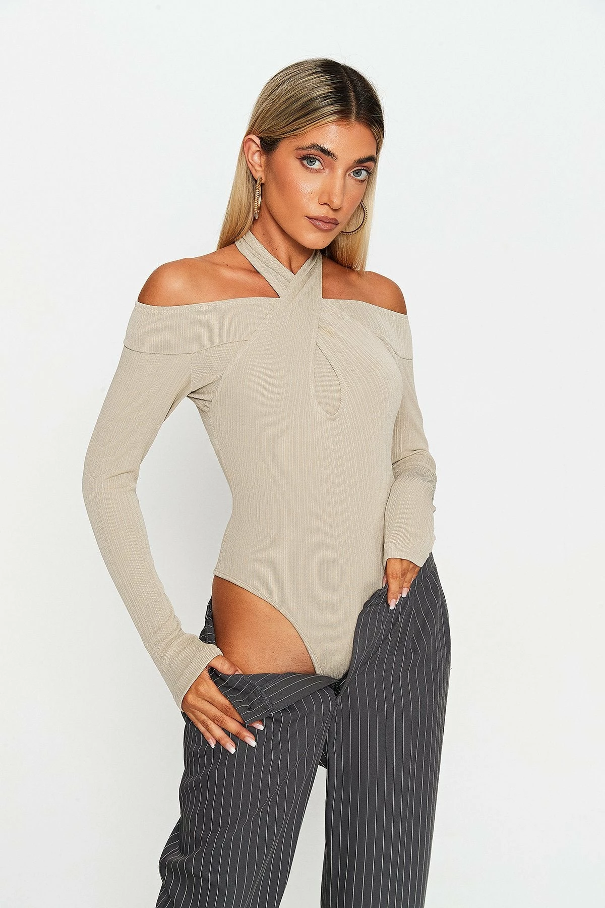SOLADO Halter Neck Cross Over Cold Shoulder Bodysuit
