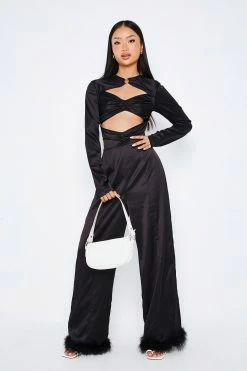 SOLADO Satin Cut Out Feather Hem Long Sleeve Jumpsuit