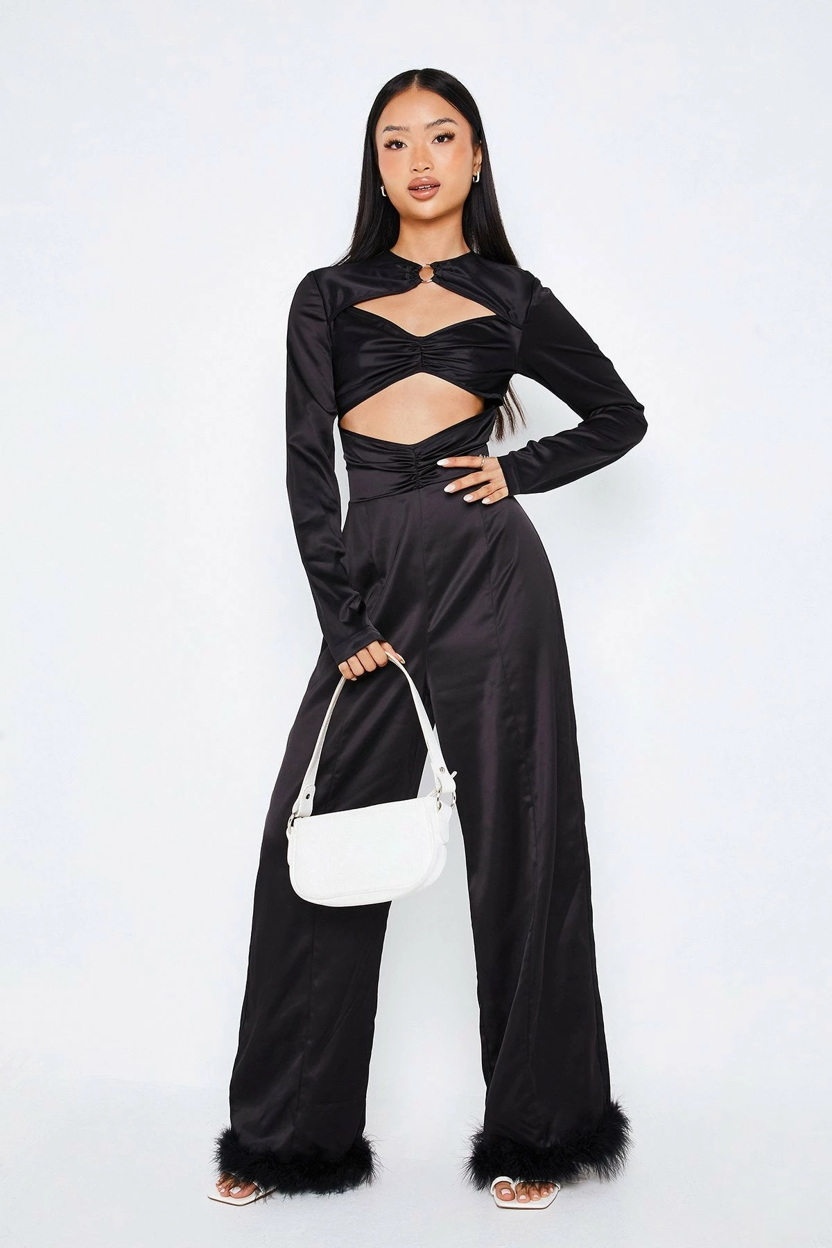 SOLADO Satin Cut Out Feather Hem Long Sleeve Jumpsuit 1 SOLADO Satin Cut Out Feather Hem Long Sleeve Jumpsuit