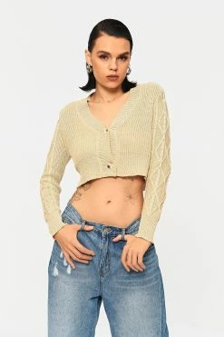 Solado Button Front Cable Knit Long Sleeve Crop Cardigan