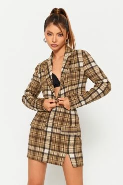 SOLADO Lapel Neck Check Print Long Sleeve Crop Blazer