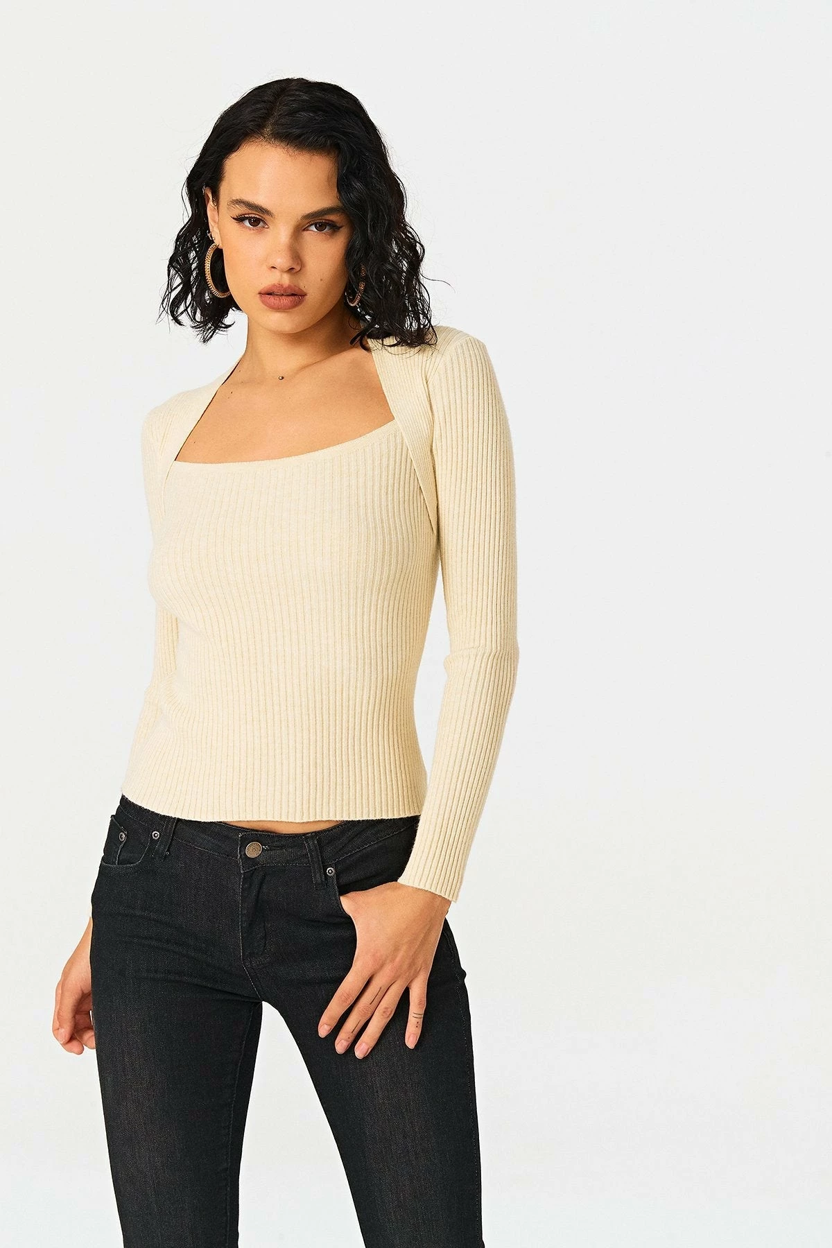 Solado Square Neck Stripe Knitted Long Sleeve Sweater - Image 2