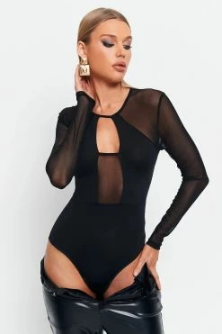 SOLADO Mesh Splicing Cut Out Long Sleeve Bodysuit