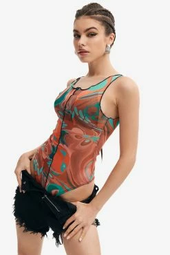Solado Colorblock Swirl Print Mesh Bodysuit