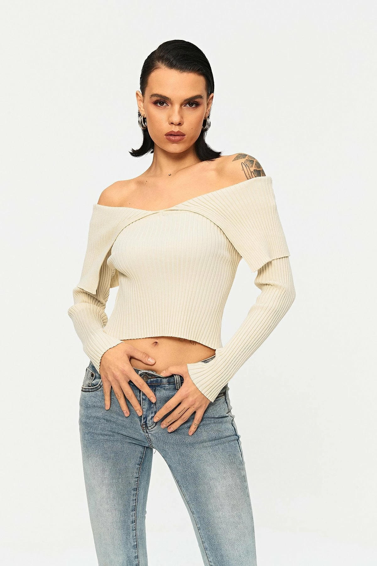 Solado Off Shoulder Stripe Knitted Long Sleeve Sweater