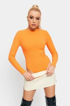 SOLADO Stripe Knitted Cinched Waist Long Sleeve Bodysuit