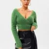 Solado Plunging Neck Fluffy Long Sleeve Crop Sweater