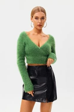 Solado Plunging Neck Fluffy Long Sleeve Crop Sweater