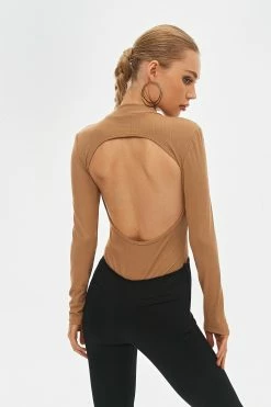 SOLADO Mock Neck Open Back Solid Long Sleeve Bodysuit