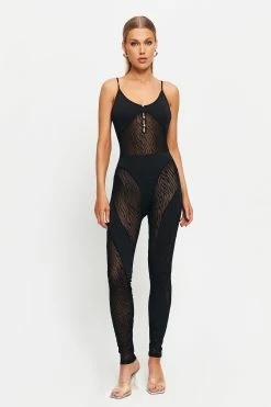 SOLADO Plunging Neck Rhinestone Decor Mesh Splicing Skinny Jumpsuit