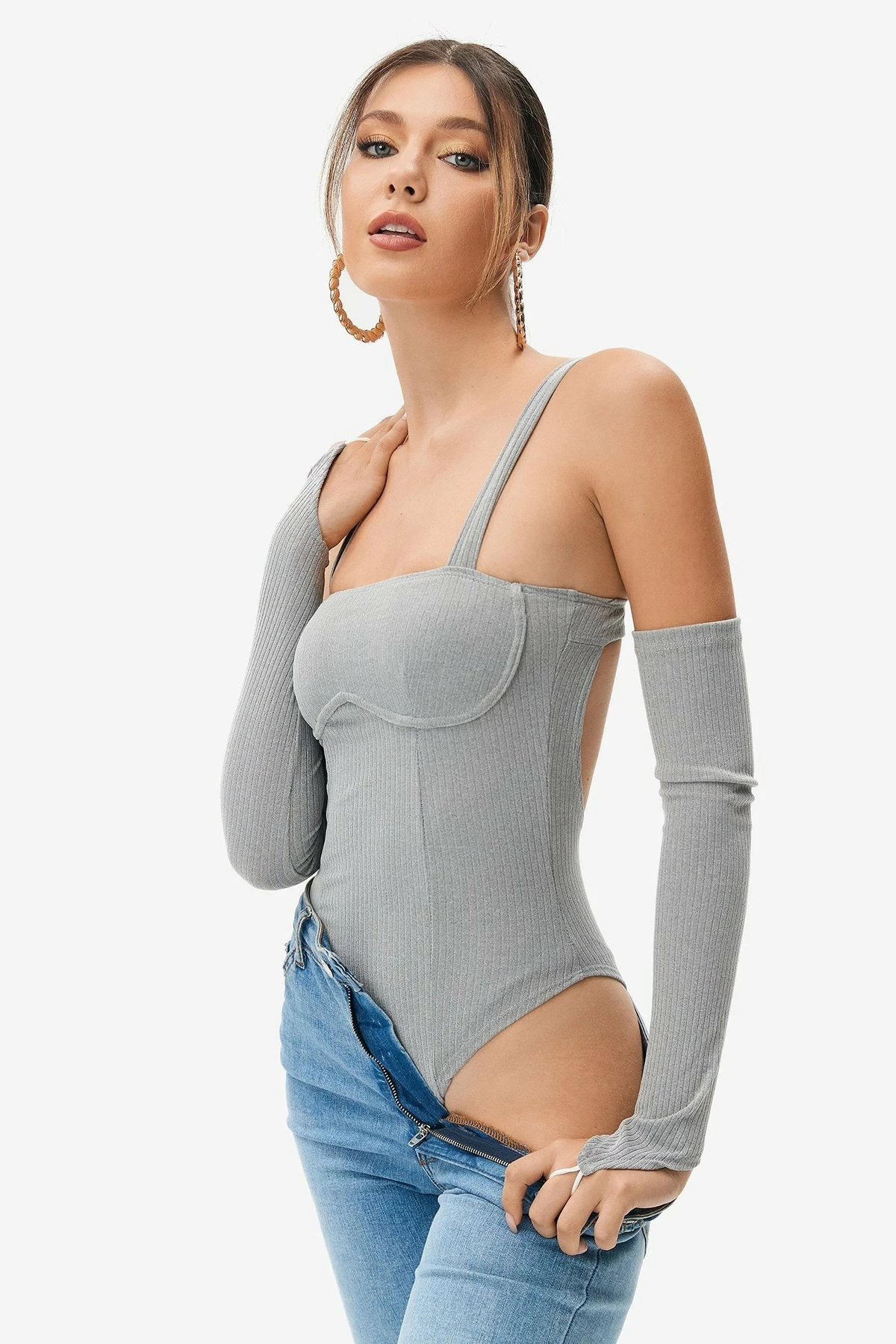 Solado Ribbed Cold Shoulder Backless Bodysuit With Oversleeve 1 Solado Ribbed Cold Shoulder Backless Bodysuit With Oversleeve