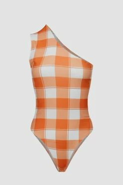Solado Orange Checked One Shoulder Bodysuit