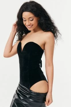 Solado Off Shoulder Velvet Lace Up Backless Bodysuit