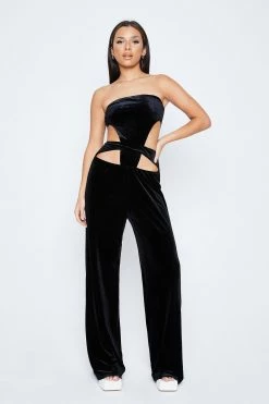 SOLADO Off Shoulder Cut Out Velvet Wide Leg Jumpsuit