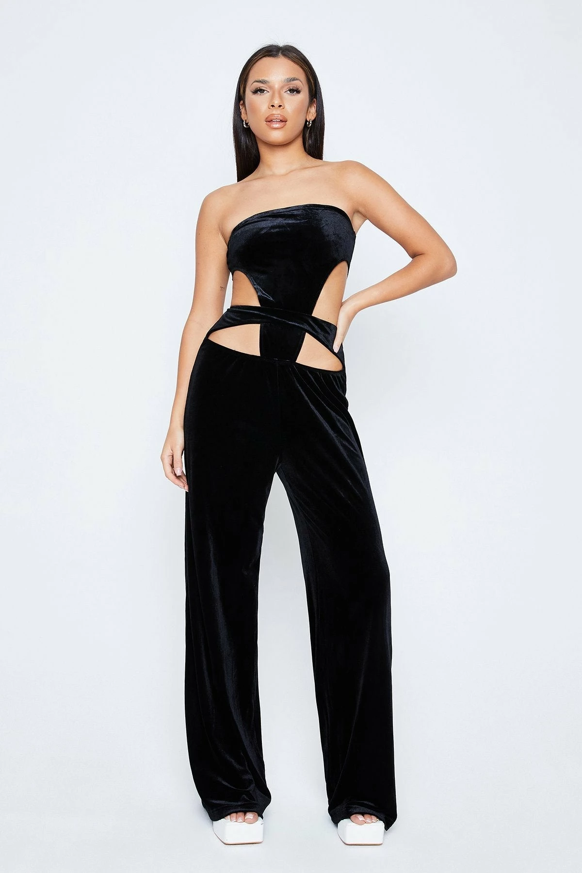 SOLADO Off Shoulder Cut Out Velvet Wide Leg Jumpsuit 1 SOLADO Off Shoulder Cut Out Velvet Wide Leg Jumpsuit
