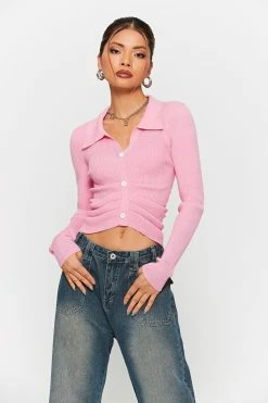 SOLADO Lapel Neck Button Front Ruched Ribbed Knit Sweater