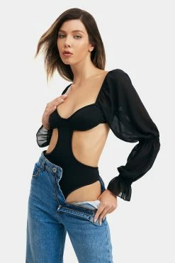 Solado Puff Sleeve Cut Out Plunging Neck Backless Bodysuit