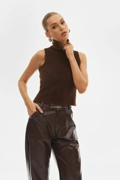 Solado High Neck Fluffy Knitted Sleeveless Tank Top