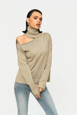 Solado High Neck Cold Shoulder Solid Long Sleeve Top