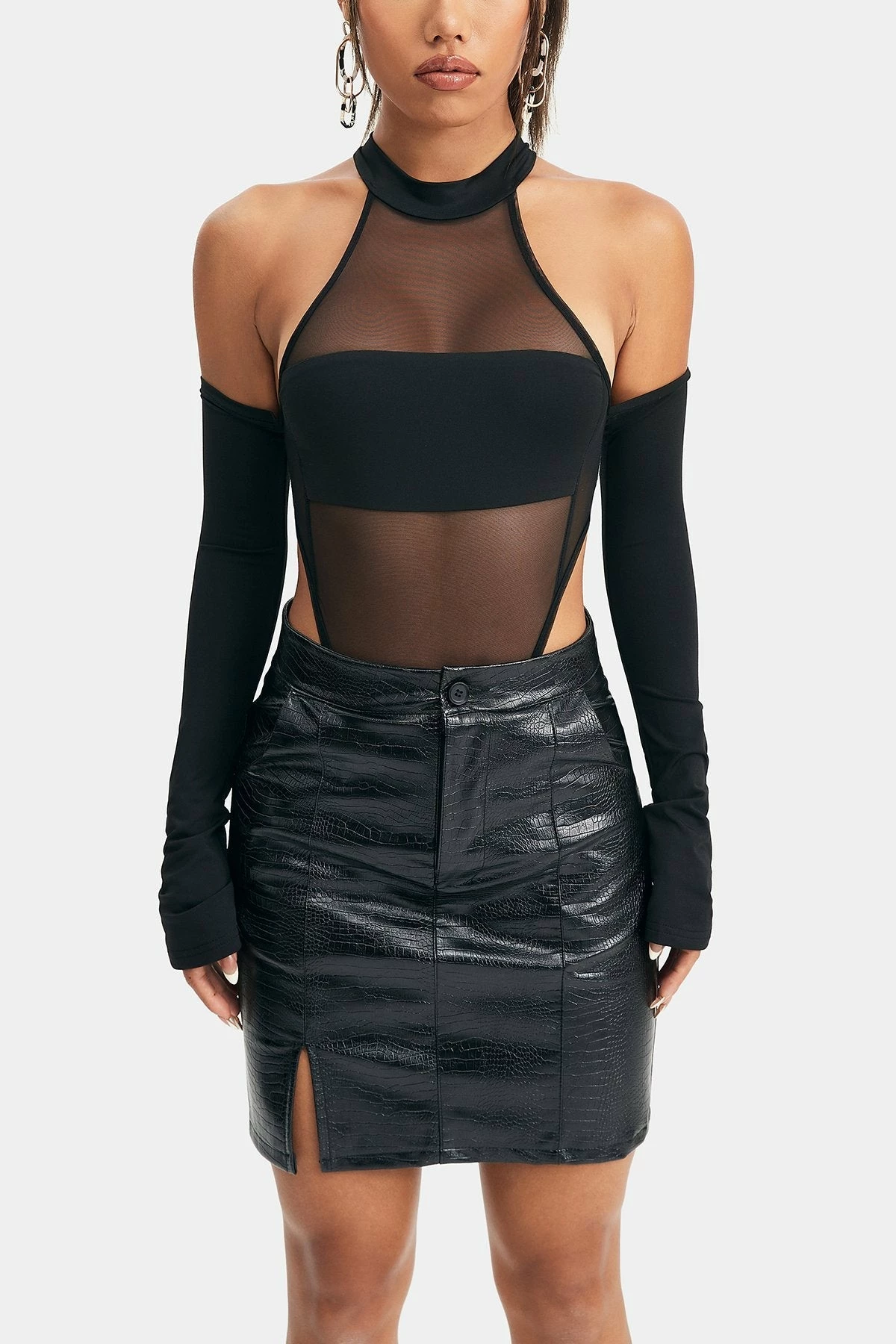 SOLADO Cold Shoulder Mesh Splicing Long Sleeve Bodysuit - Image 6