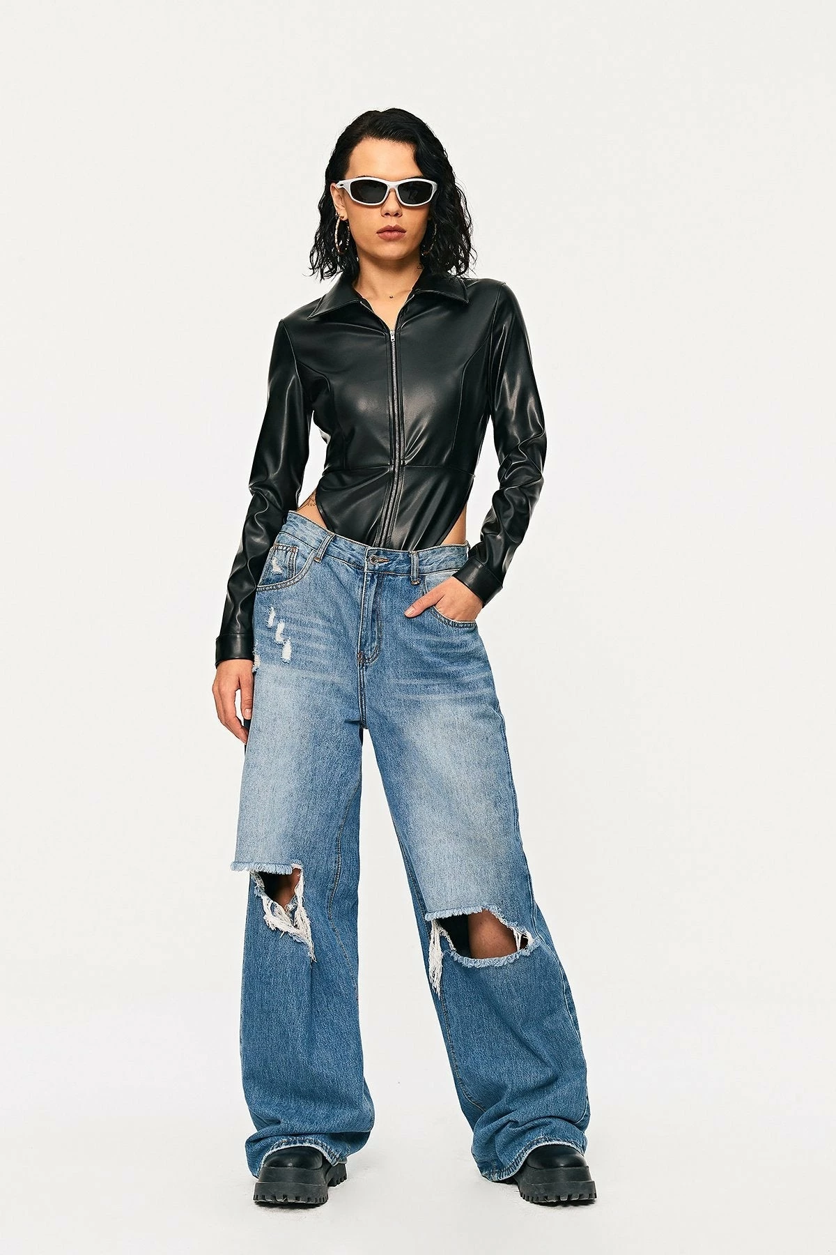 SOLADO Lapel Neck Zipper Front PU Leather Bodysuit - Image 4