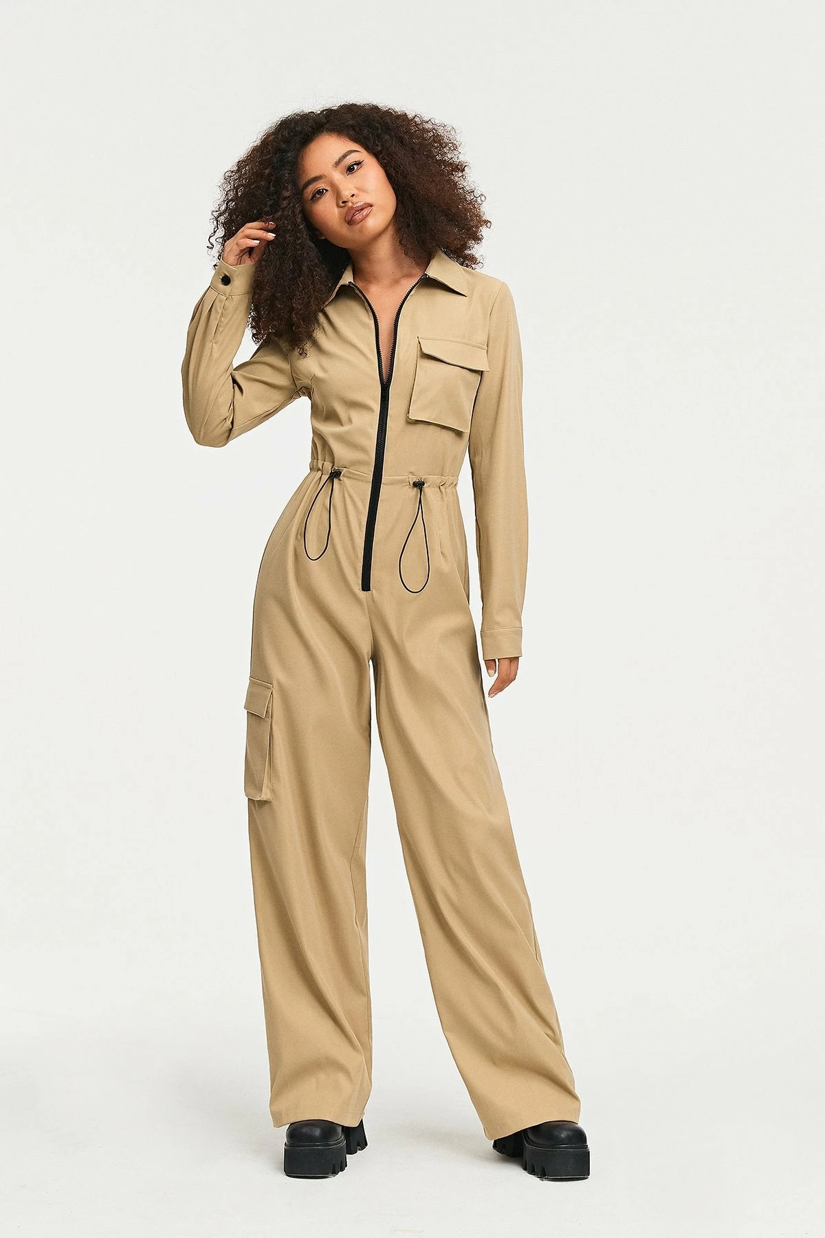 SOLADO Zipper Front Pocket Patched Drawstring Boiler Suit 3 SOLADO Zipper Front Pocket Patched Drawstring Boiler Suit - Image 3