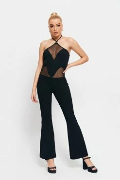 SOLADO Halter Neck Mesh Splicing Flared Jumpsuit