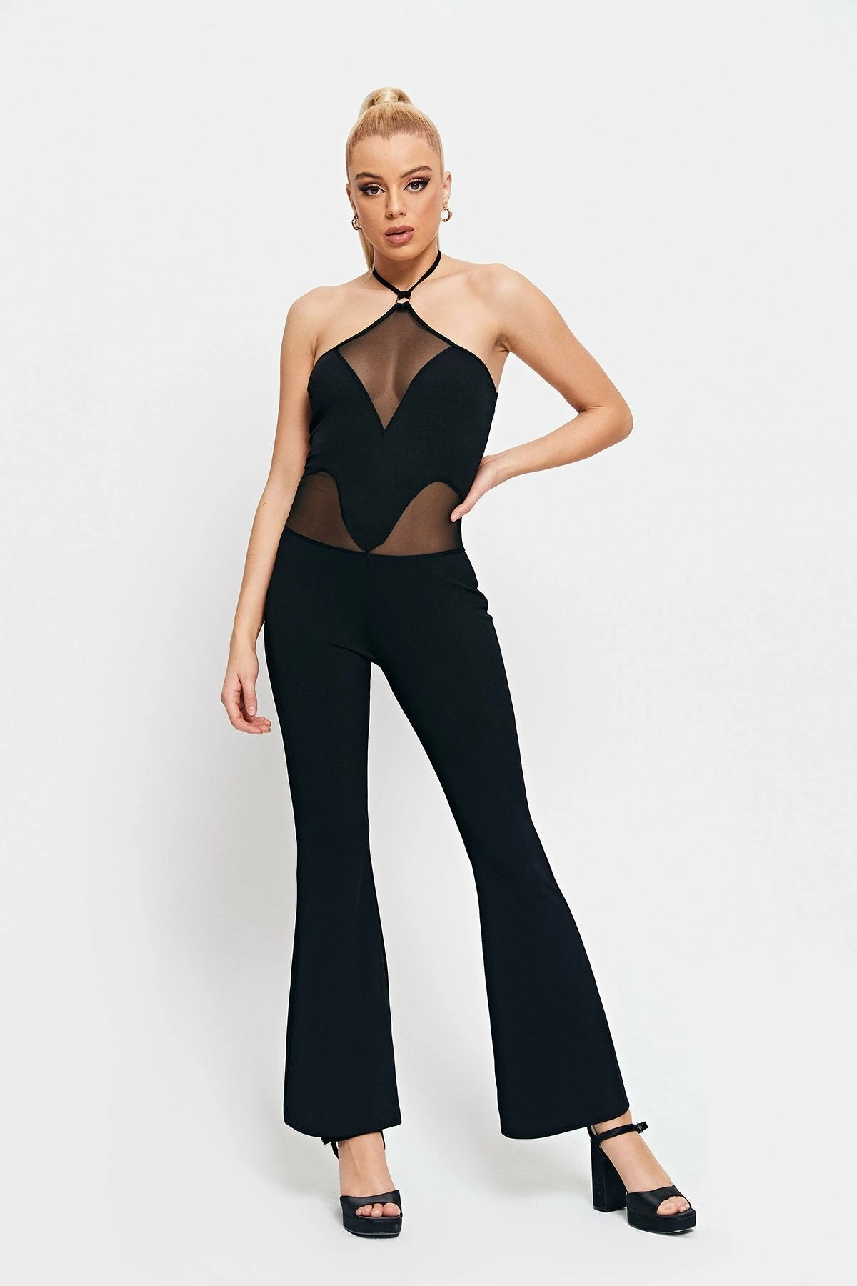 SOLADO Halter Neck Mesh Splicing Flared Jumpsuit 1 SOLADO Halter Neck Mesh Splicing Flared Jumpsuit