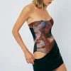 SOLADO Off ShoulderAbstract Print Mesh Bodysuit