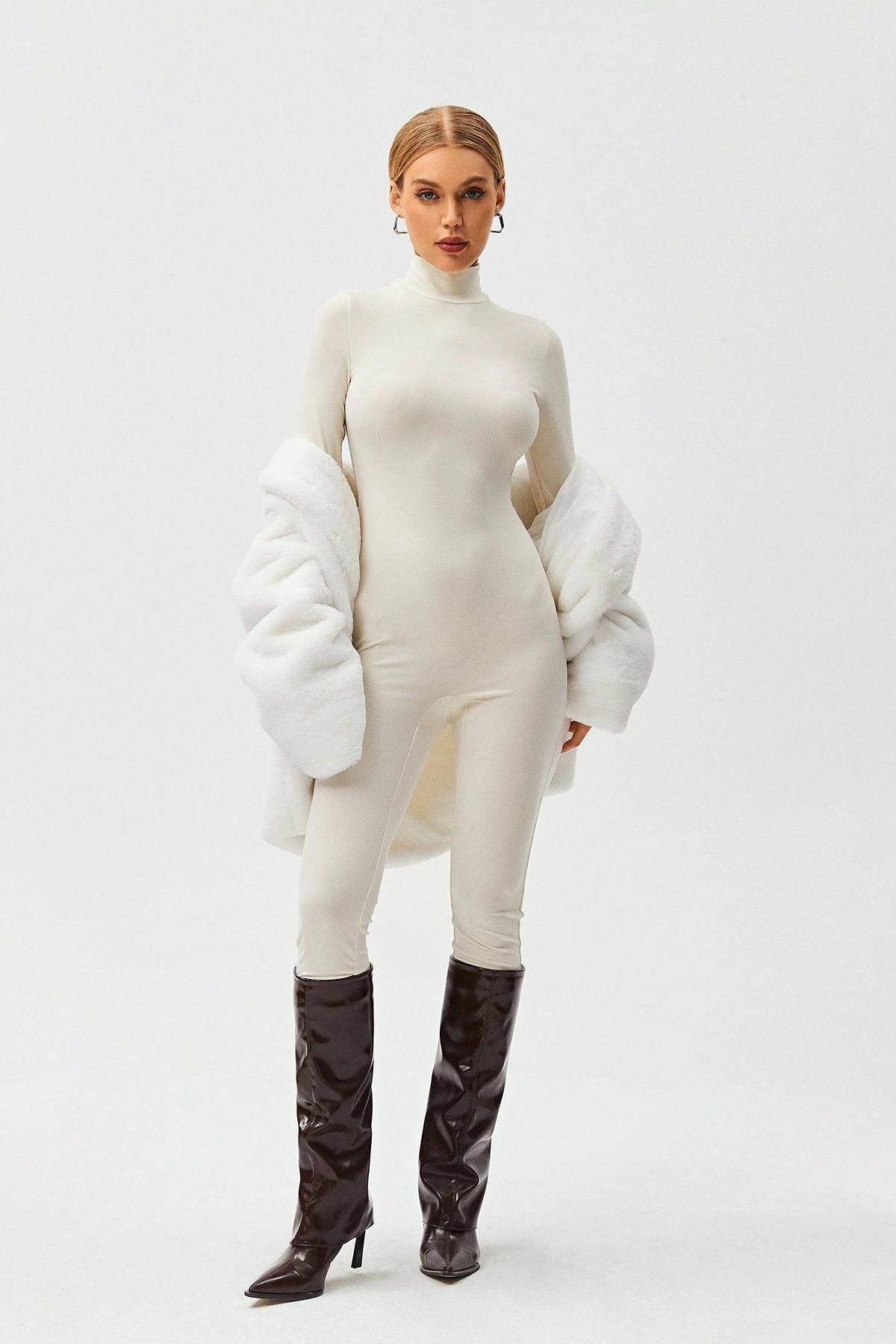 SOLADO High Neck Fluffy Trim Long Sleeve Skinny Jumpsuit - Image 3