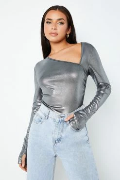 SOLADO Asymmetrical Neck Thumb Hole Sheen Bodysuit