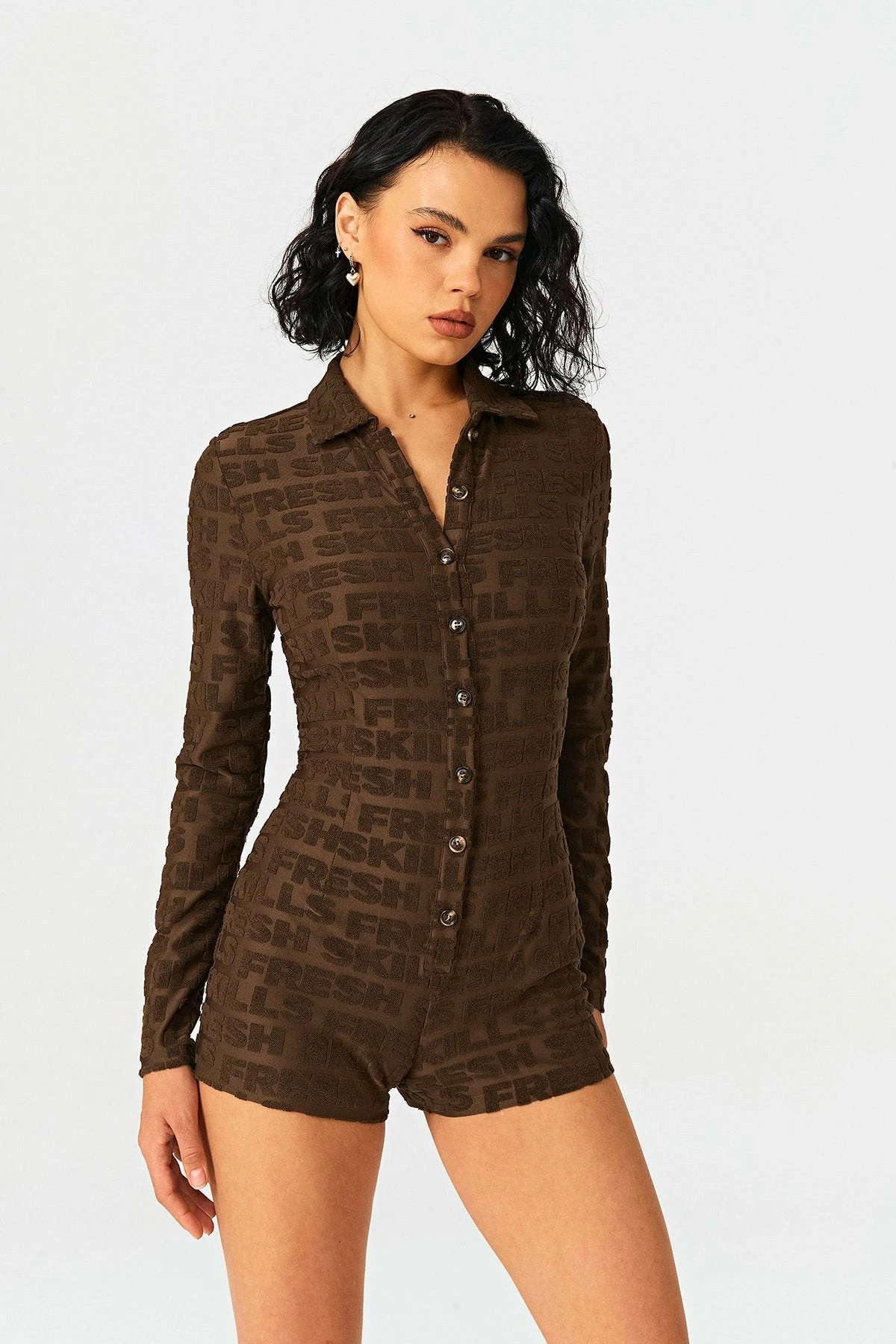 SOLADO Lapel Neck Button Front Letter Print Romper Playsuit 1 SOLADO Lapel Neck Button Front Letter Print Romper Playsuit
