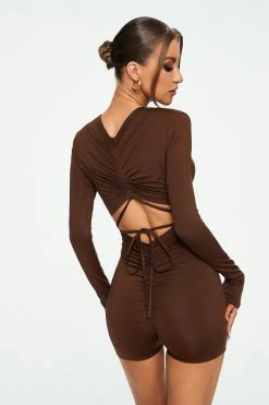 SOLADO Plunging Neck Drawstring Ruched Romper Playsuit